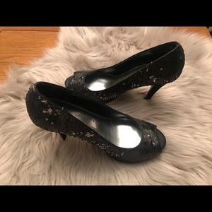 Black sequin peep toe Chinese Laundry heels
